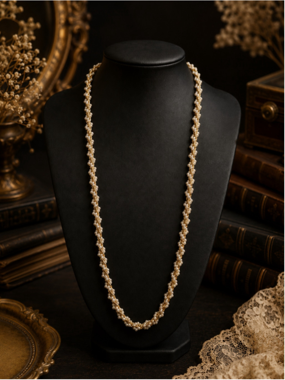 Vintage Gold Tone Twisted Chain Faux Seed Pearl Long Necklace 24" Elegant